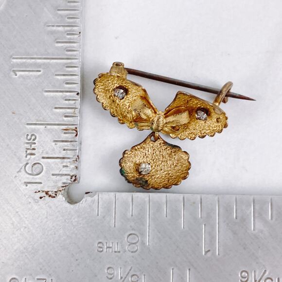 Antique Victorian Gold Tone Bow & Shell Brooch Glass Rhinestones, C Clasp, 1800s - Picture 6 of 6